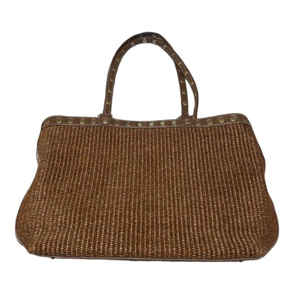 Isabelle Fiore Beaded Woven Shoulder Bag Brown Flower Rivets Pink Yellow - Picture 4 of 10